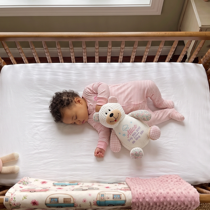 Baby girl sleeping with her bear