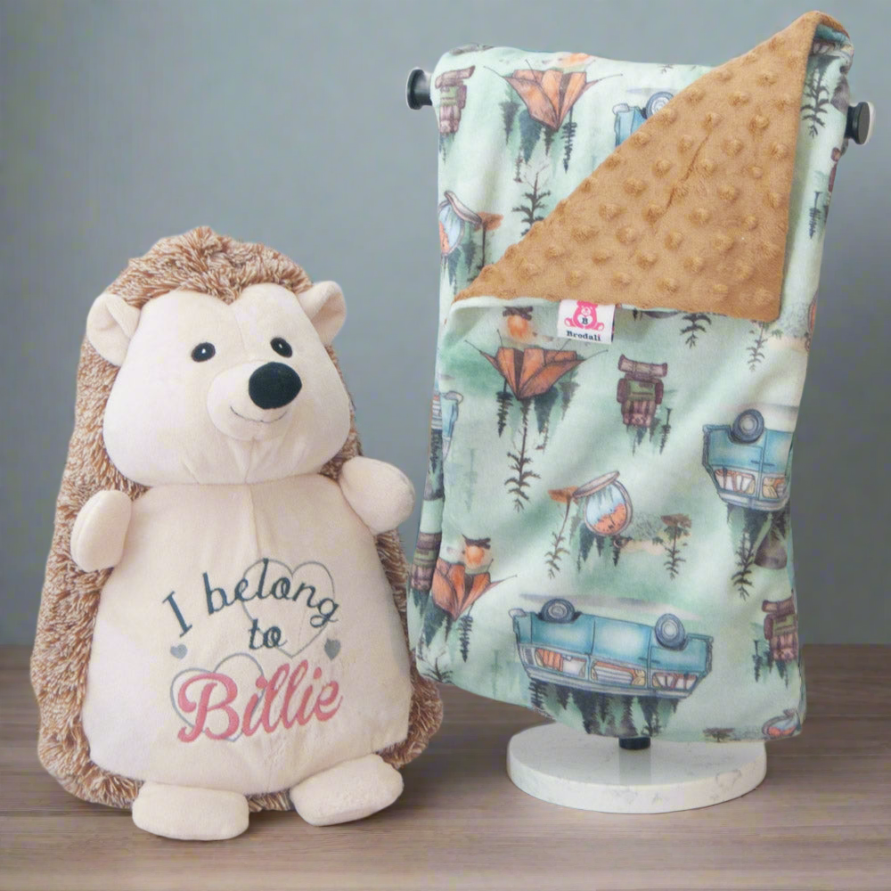Westfalia and tents blanket and hedgehog teddy