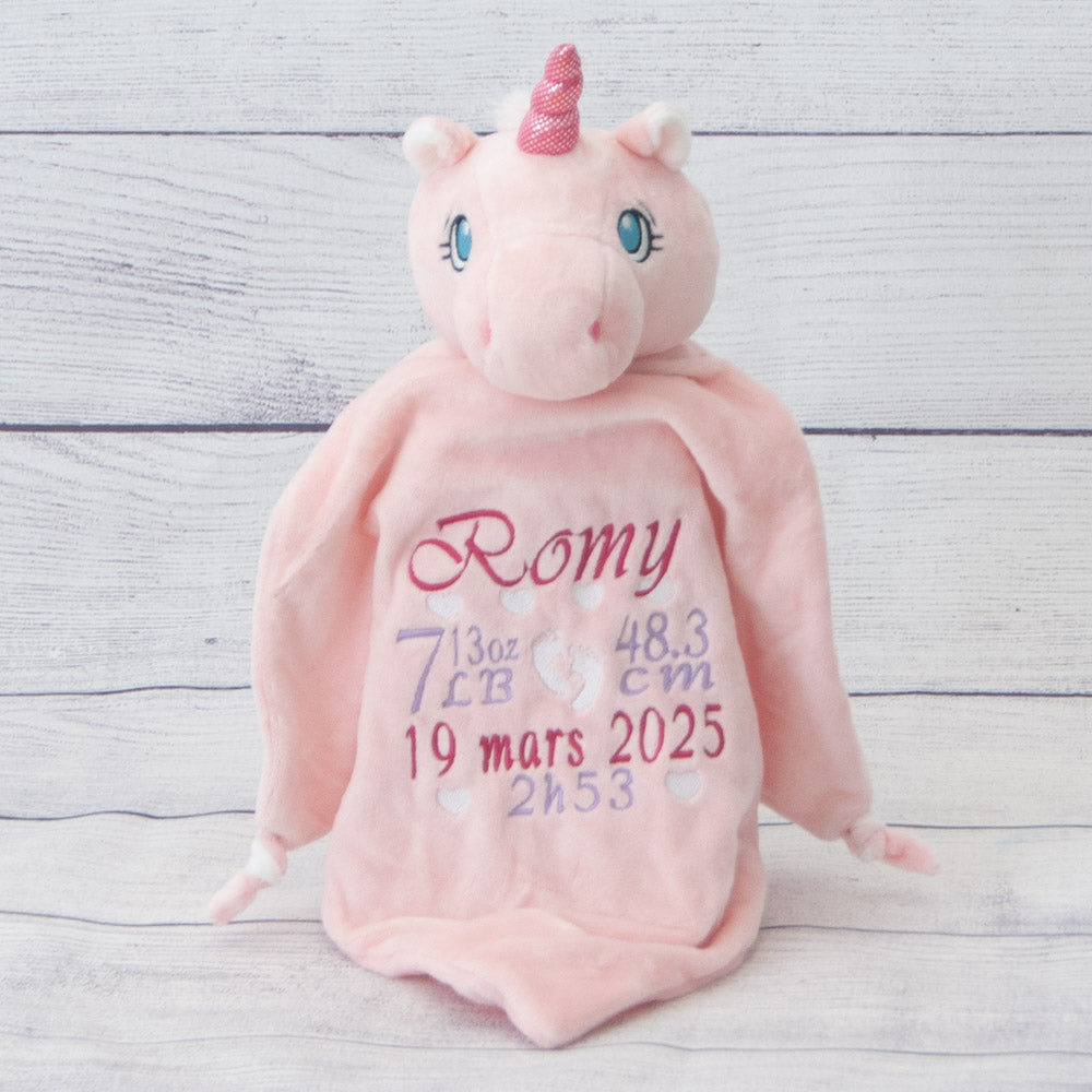 pink unicorn lovey with name