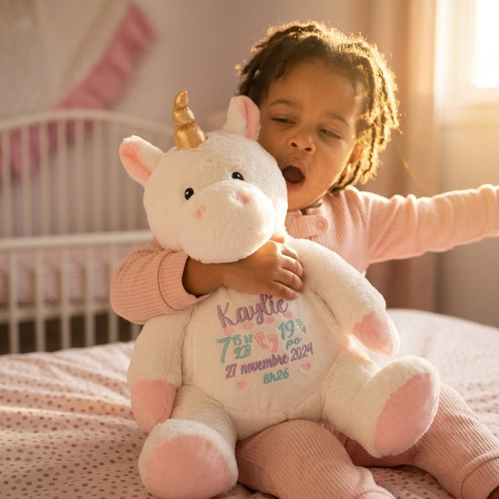 toutou licorne avec infos de naissance quebec