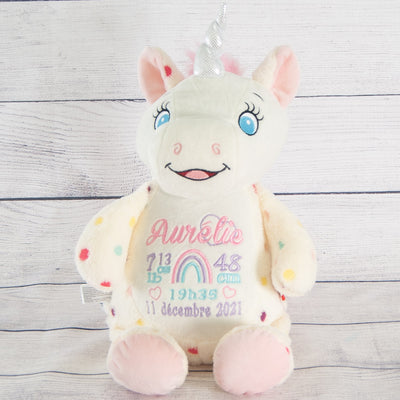 toutou licorne avec infos naissance quebec