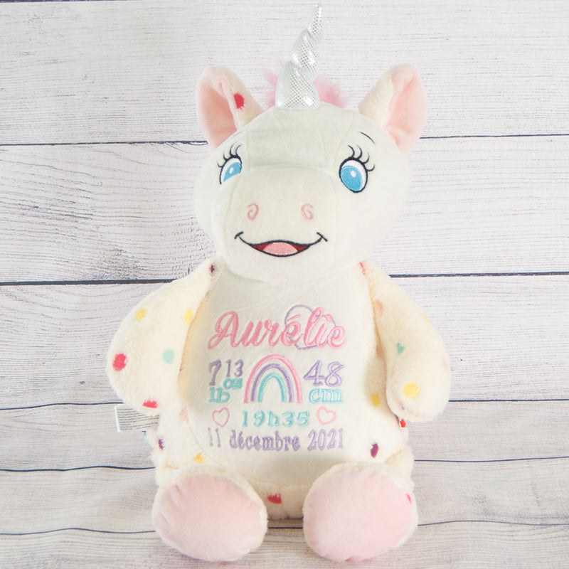 toutou licorne avec infos naissance quebec