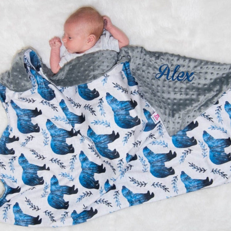 Baby boy with personalized blanket with bears