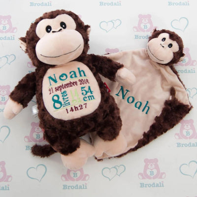 monkey stuffed animal and blankey personalized - doudou et toutou singe