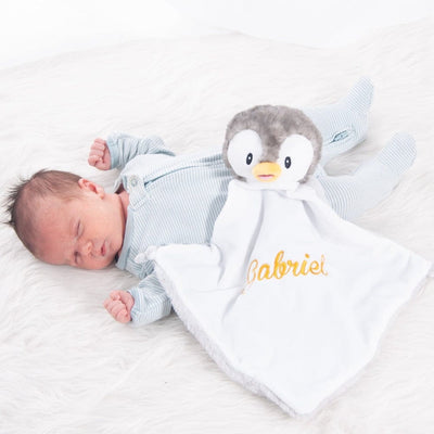 Grey penguin blankey with name