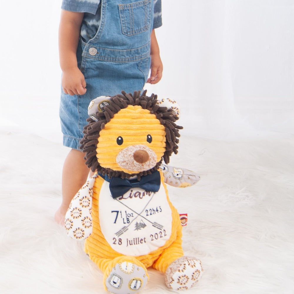 Toutou lion pour bébé avec nom