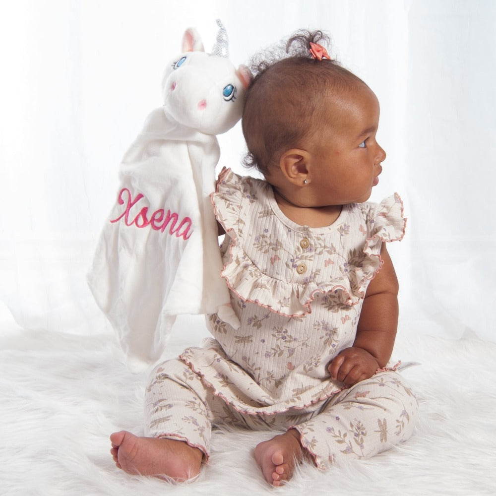 White Unicorn lovey blanket with name
